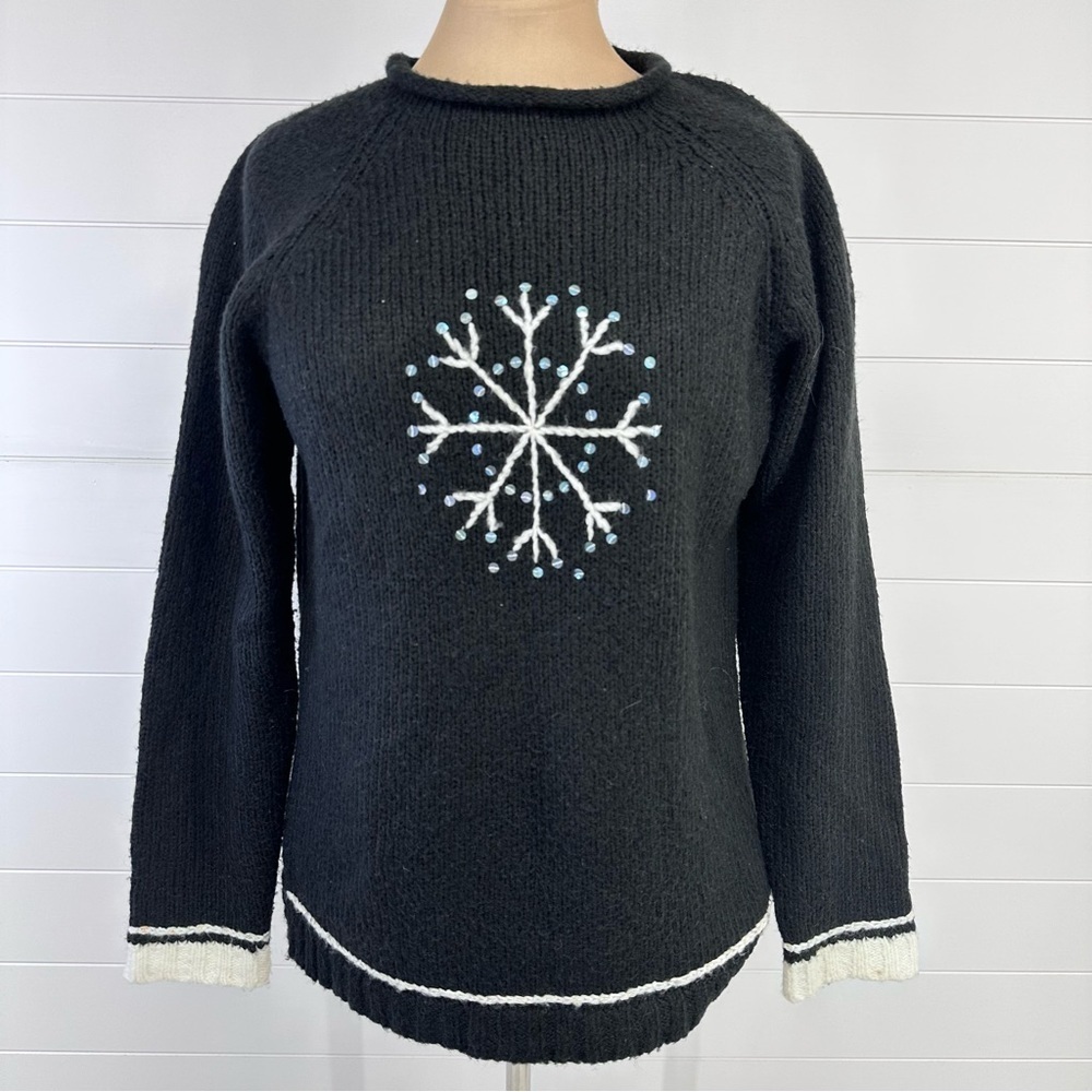 Vintage Quacker Factory Black Snowflake Sweater S/M Winter Holiday Knit - Picture 1 of 8